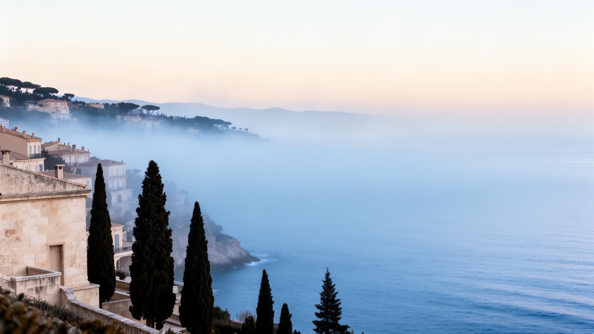 Littoral méditerranéen au lever du jour, brume bleue